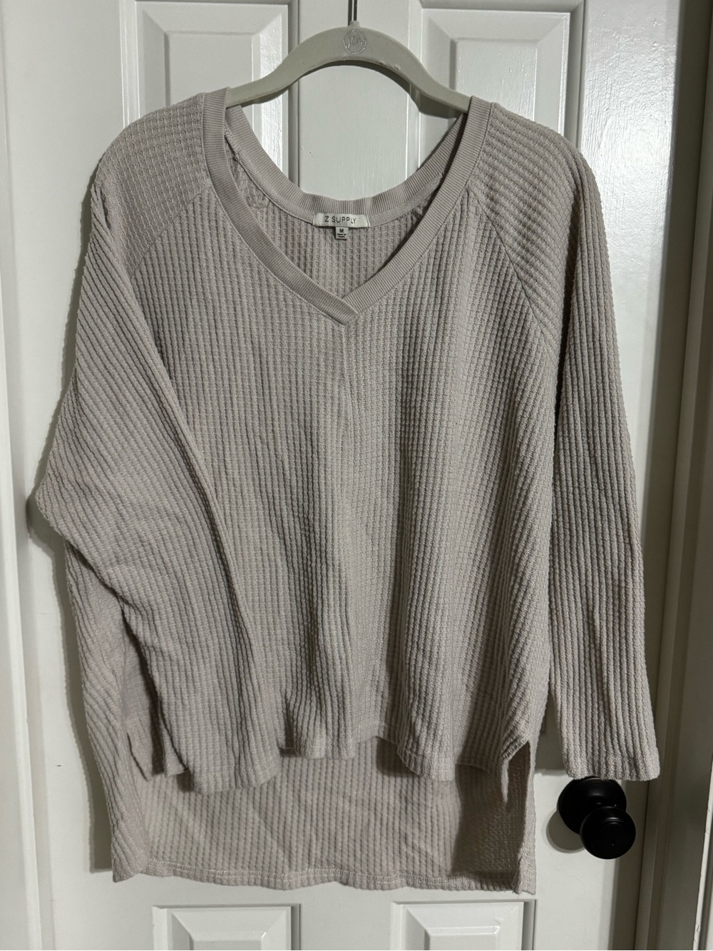 Neutral Beige High-Low Waffle Knit V-Neck Sweater - Women